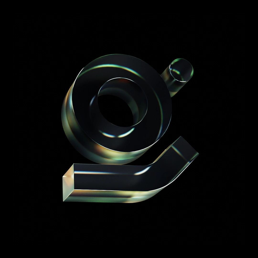 A 3D render of the glypse logo in green-ish glass, black background, sleek, minimal.